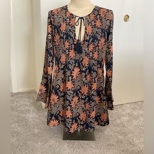 TULAROSA Dress Bohemian Dark Blue Floral Stitch Pleated Tassel Tie Neck Size L